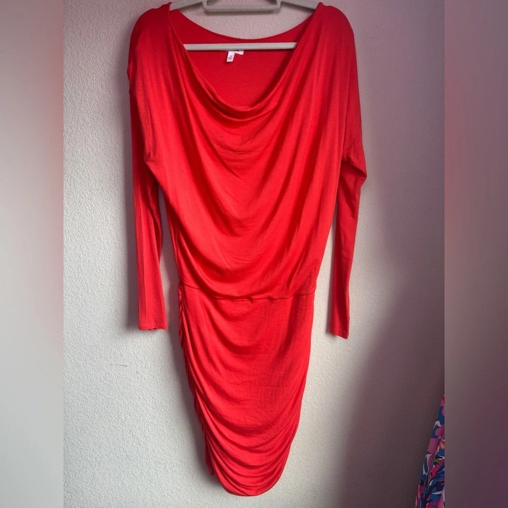 Athleta Poppy Red Coral Solstice Cowl Neck Long Sleeve Ruched Casual Dress M